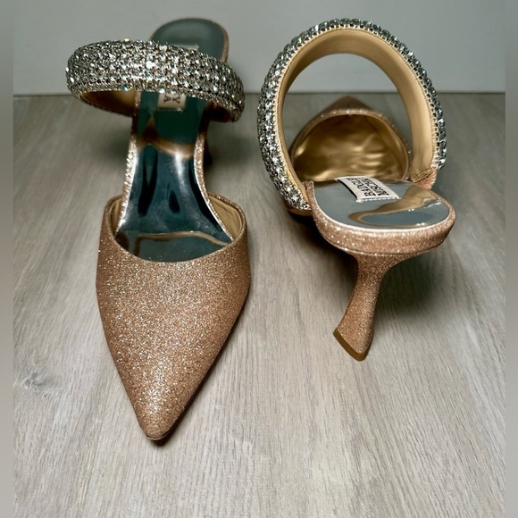 Badgley Mischka Rose Gold Glitter Crystal Strap Pointed Toe Heels Mules Women 7 - Picture 5 of 12